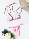 Women Pink Bikini Strap Solid Strings Two Piece Swimwear