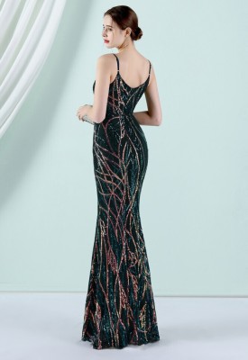 Women Summer Green Vintage Strap Sleeveless Striped Print Sequined Evening Dress