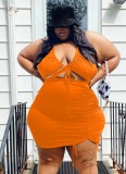 Women Summer Orange Sexy Halter Sleeveless High Waist Solid Lace Up Regular Plus Size Two Piece Skirt Set