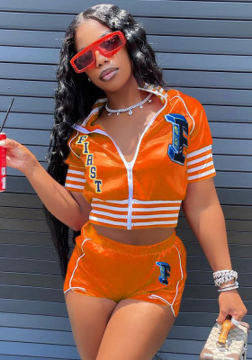 Women Summer Orange Casual Turn-down Collar Short Sleeves High Waist Letter Print Regular Two Piece Shorts Set