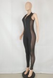 Women Summer Black Sexy Turn-down Collar Sleeveless Solid Mesh Zippers Full Length Regular Jumpsuit