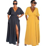 Women Summer Black Modest V-neck Short Sleeves Solid Pockets Maxi Dress