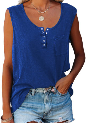 Women Summer Blue Solid Pockets Regular Tank Tops