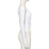 Women Summer White Streetwear Halter Full Sleeves Solid Crop Top