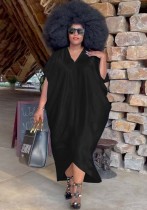 Women Summer Black Modest V-neck Half Sleeves Solid Maxi Loose Plus Size Long Dress