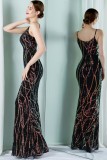 Women Summer Black Vintage Strap Sleeveless Striped Print Sequined Evening Dress