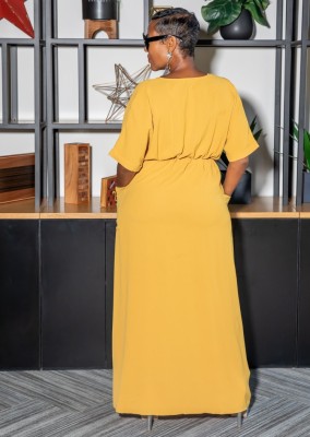 Women Summer Yellow Modest Stand Collar Short Sleeves Solid Pockets Maxi Dress