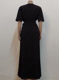 Women Summer Black Modest V-neck Short Sleeves Solid Pockets Maxi Dress