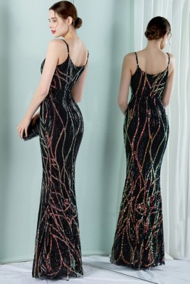 Women Summer Black Vintage Strap Sleeveless Striped Print Sequined Evening Dress