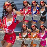 Women Summer Rose Casual Turn-down Collar Short Sleeves High Waist Letter Print Regular Two Piece Shorts Set