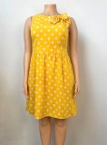 Women Summer Yellow Sweet O-Neck Sleeveless Dot Print Midi A-line Plus Size Casual Dress