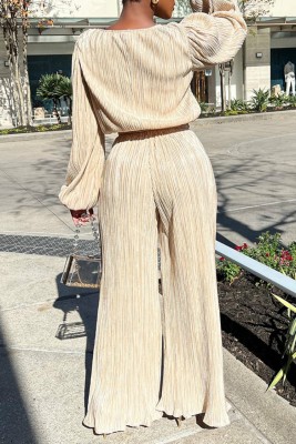 Women Spring Nude Modest O-Neck Full Sleeves High Waist Solid Loose Two Piece Pants Set