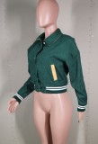 Women Spring Green Full Sleeves Striped Print Pockets Single Breasted Regular Varsity Jacket