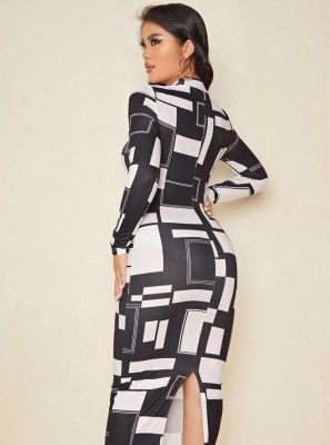 Women Spring White Modest Turtleneck Full Sleeves Geometric Print Midi Bodycon Dress