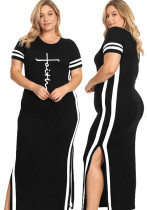 Women Summer Black Casual O-Neck Short Sleeves Letter Print Ripped Maxi Pencil Plus Size Casual Dress