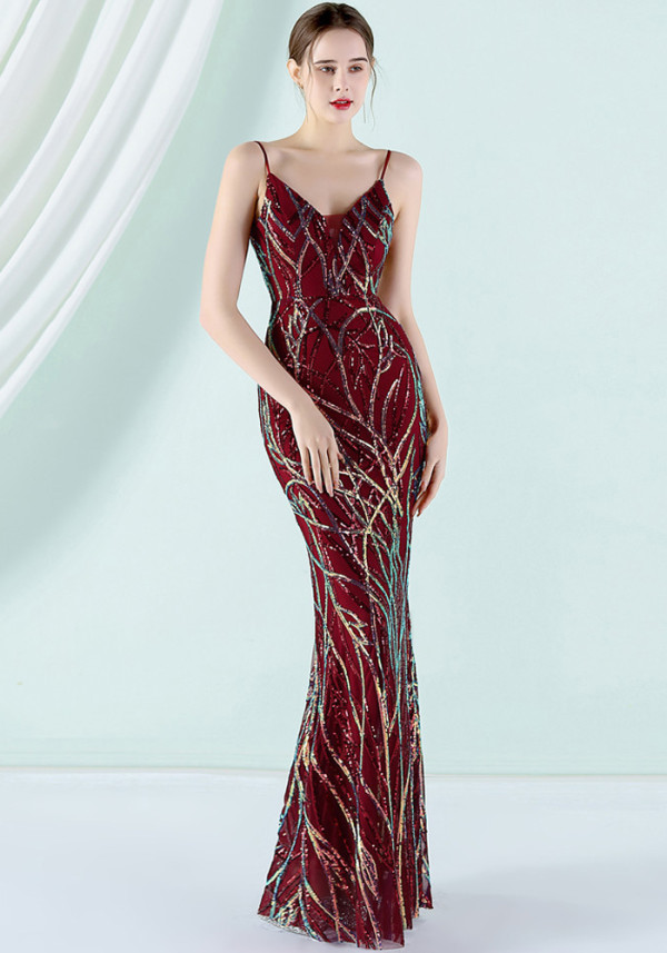 Women Summer Red Vintage Strap Sleeveless Striped Print Sequined Evening Dress