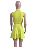 Women Summer Yellow Casual Turn-down Collar Sleeveless High Waist Solid Regular MiniTwo Piece Skirt Set