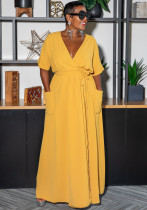 Women Summer Yellow Modest Stand Collar Short Sleeves Solid Pockets Maxi Dress