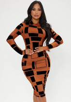 Women Spring Orange Modest Turtleneck Full Sleeves Geometric Print Midi Bodycon Dress