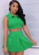 Women Summer Green Casual Turn-down Collar Sleeveless High Waist Solid Regular MiniTwo Piece Skirt Set
