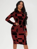 Women Spring Red Modest Turtleneck Full Sleeves Geometric Print Midi Bodycon Dress