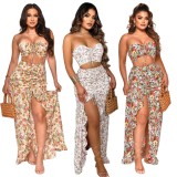 Women Summer Printed Sexy Strapless Sleeveless High Waist Floral Print Ripped Loose MidiTwo Piece Skirt Set