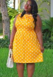 Women Summer Yellow Sweet O-Neck Sleeveless Dot Print Midi A-line Plus Size Casual Dress