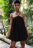 Women Summer Black Sweet Halter Sleeveless Solid Mini Loose Holiday Dress