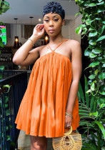 Women Summer Orange Sweet Halter Sleeveless Solid Mini Loose Holiday Dress