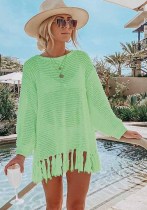 Women Summer Green Full Sleeves Crochet Fringed Cover-Up