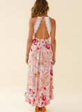Women Summer Pink Sweet V-neck Sleeveless Floral Print Cascading Ruffle Midi Asymmetrical Holiday Dress