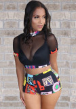 Women Summer Black Sexy Turtleneck Short Sleeves High Waist Printed Skinny Two Piece Shorts Set