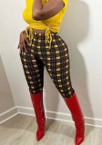 Women Spring Printed Straight High Waist Elastic Waist Plaid Print Ankle-Length Regular Pants