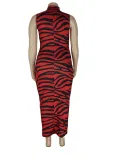 Women Summer Red Sexy Turtleneck Sleeveless Striped Print Hollow Out Maxi Pencil Plus Size Long Dress