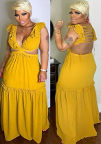 Women Summer Yellow Casual V-neck Solid Cascading Ruffle Maxi A-line Plus Size Casual Dress