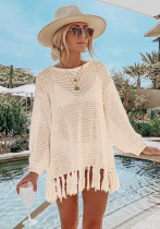 Women Summer White Full Sleeves Crochet Fringed Cover-Up