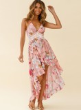 Women Summer Pink Sweet V-neck Sleeveless Floral Print Cascading Ruffle Midi Asymmetrical Holiday Dress