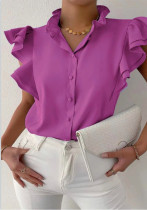 Women Summer Rose Formal Turtleneck Solid Cascading Ruffle Regular Shirt