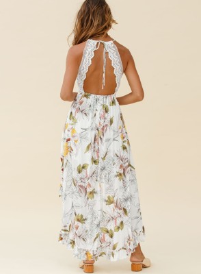 Women Summer White Sweet V-neck Sleeveless Floral Print Cascading Ruffle Midi Asymmetrical Holiday Dress