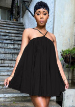 Women Summer Black Sweet Halter Sleeveless Solid Mini Loose Holiday Dress