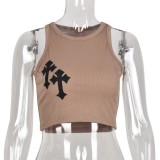 Women Summer Khaki Streetwear O-Neck Solid Crop Top