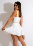 Women Summer White Sweet Halter Sleeveless Solid Lace Mini Skater Dress