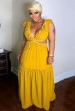 Women Summer Yellow Casual V-neck Solid Cascading Ruffle Maxi A-line Plus Size Casual Dress
