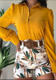 Women Spring Yellow Formal Turn-down Collar Full Sleeves High Waist Floral Print Belted Regular Two Piece Shorts Set