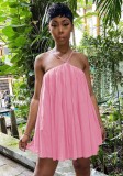 Women Summer Pink Sweet Halter Sleeveless Solid Mini Loose Holiday Dress