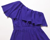 Women Summer Blue Vintage Slash Neck Short Sleeves Solid Cascading Ruffle Maxi Dress