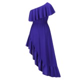 Women Summer Blue Vintage Slash Neck Short Sleeves Solid Cascading Ruffle Maxi Dress