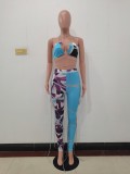 Women Blue Halter Backless Floral Print Lace Up Two Piece Swimwear