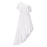 Women Summer White Vintage Slash Neck Short Sleeves Solid Cascading Ruffle Maxi Dress
