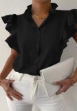 Women Spring Black Formal Turtleneck Solid Cascading Ruffle Regular Shirt